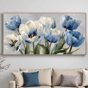 Abstract Blue & White Tulip Painting On Canvas, Large Original Floral Wall Art, Elegant Botanical Wall Decor, Modern Classic Bedroom Artwork