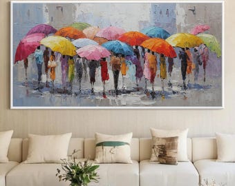 Rainy Day Oil Painting, Colorful Umbrella Art, Vibrant Cityscape Wall Art, Large Textured Painting, Urban Life Art, Modern Living Room Decor