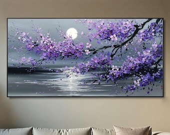 Gran pintura al óleo floral original morada sobre lienzo, paisaje natural abstracto iluminado por la luna, pintura con espátula, arte mural moderno, decoración de oficina