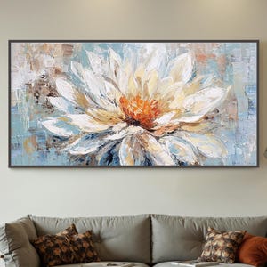 Textured Lotus Flower Painting, Abstract Water Lily Wall Art, Large Canvas Art, Modern Wall Decor for Living Room, Handmade Framed Painting