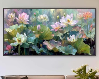 Pintura abstracta original de flor de loto, obra de arte impresionista texturizada sobre lienzo.