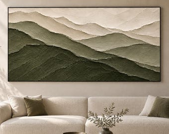 Olieverfschilderij van een groen landschap met textuur, abstracte bergwanddecoratie, minimalistische natuurlijke woondecoratie