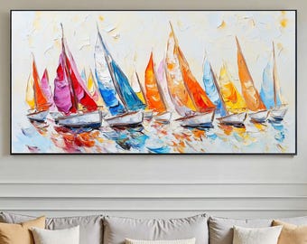 Vibrant Sailing Boats Oil Painting, Heavy Texture Abstract Seascape