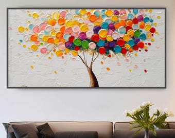 Textured Tree of Life Painting, Colorful Impasto Canvas Art