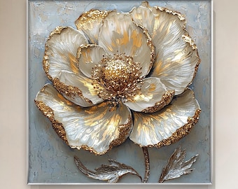 May include: A large, white flower with gold accents is painted in a 3D style on a canvas. The flower has a textured appearance, giving it a realistic look.