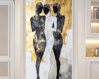 Original Female Silhouette Oil Painting on Canvas,Luxury Wall Art,Abstract Black & White Painting,Custom Painting,Living Room Wall Decor