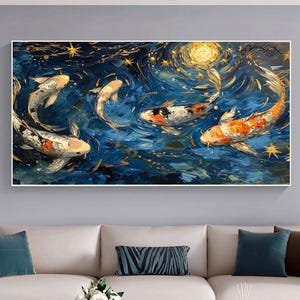 Original Swimming Fishes Oil Painting on Canvas, Extra Large Wall Art, Abstract Fish Art, Custom Painting, Minimalist Living Room Decor Gift