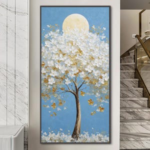 Abstract Tree Painting on Canvas, White Blossoms Textured Oil Painting, Moon Landscape Vertical Painting, Large Wall Art, Living Room Decor