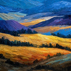 Blue Mountain Painting Textured Landscape Art Golden Valley Decor Blue Mountain Painting Textured Landscape Art Golden Valley Decor