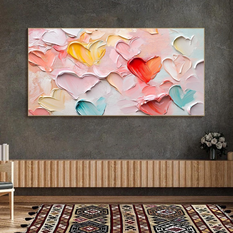 Original Pink Love Oil Painting On Canvas, Large Sweet Palette Knife Texture Painting Hand-Painted Acrylic Canvas Gift for Her Bedroom Decor