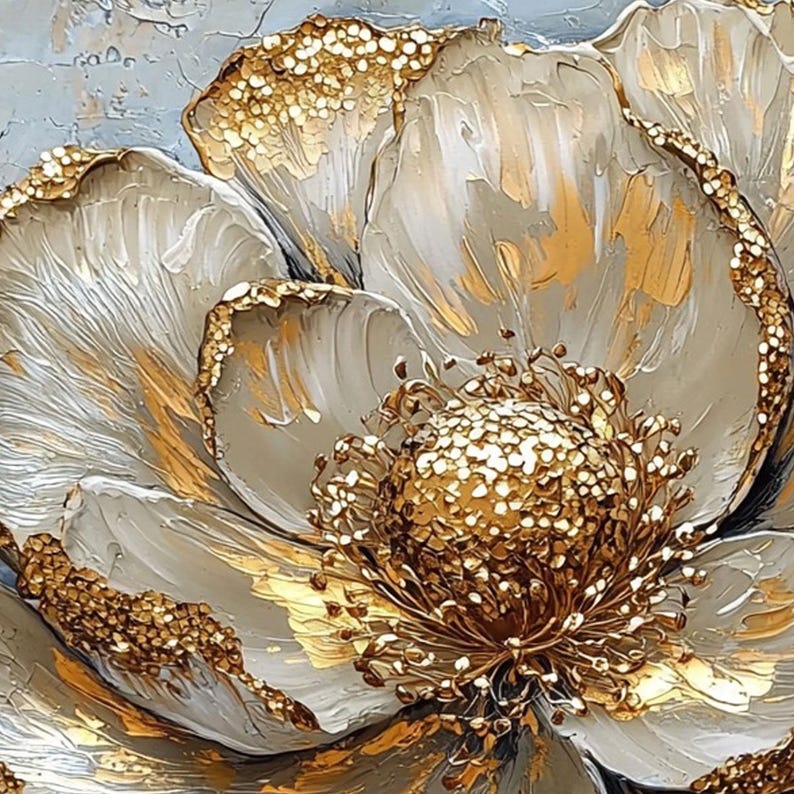 Gold & White Textured Flower Impasto Painting, Abstract 3D Floral Wall ...