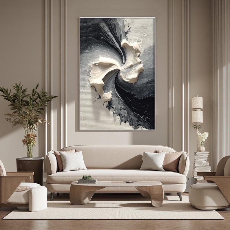 Abstract Black and White Oil Painting, Large Textured Canvas Art - Etsy