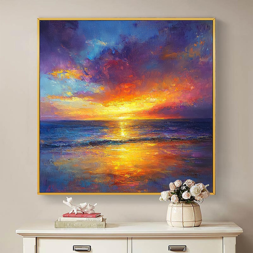 Original Ocean Sunset Oil Painting on Canvas, Abstract Seascape Wall ...