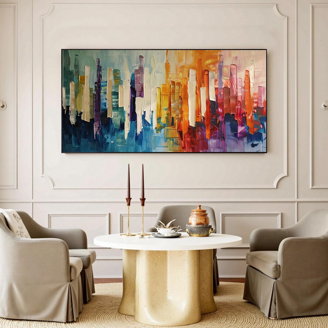 Picture of Vibrant Abstract Cityscape Painting on Canvas, Colorful Palette Knife ...
