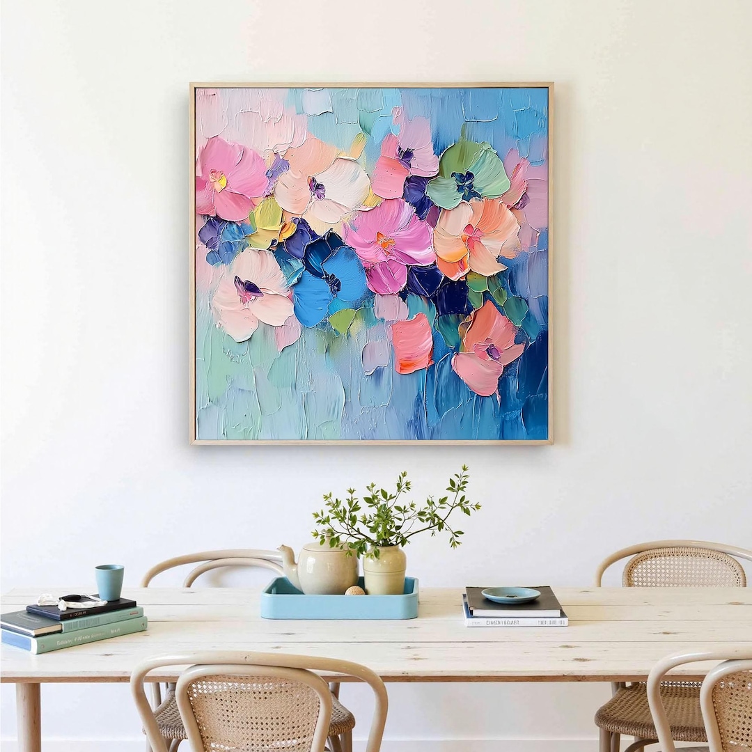 Textured Floral Oil Painting on Canvas, Colorful Abstract Flower Wall ...