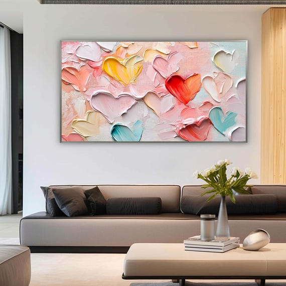 Original Pink Love Oil Painting, Palette Knife Texture, Heart Canvas Art