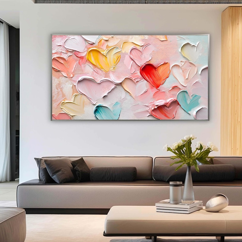 Original Pink Love Oil Painting On Canvas, Large Sweet Palette Knife Texture Painting Hand-Painted Acrylic Canvas Gift for Her Bedroom Decor