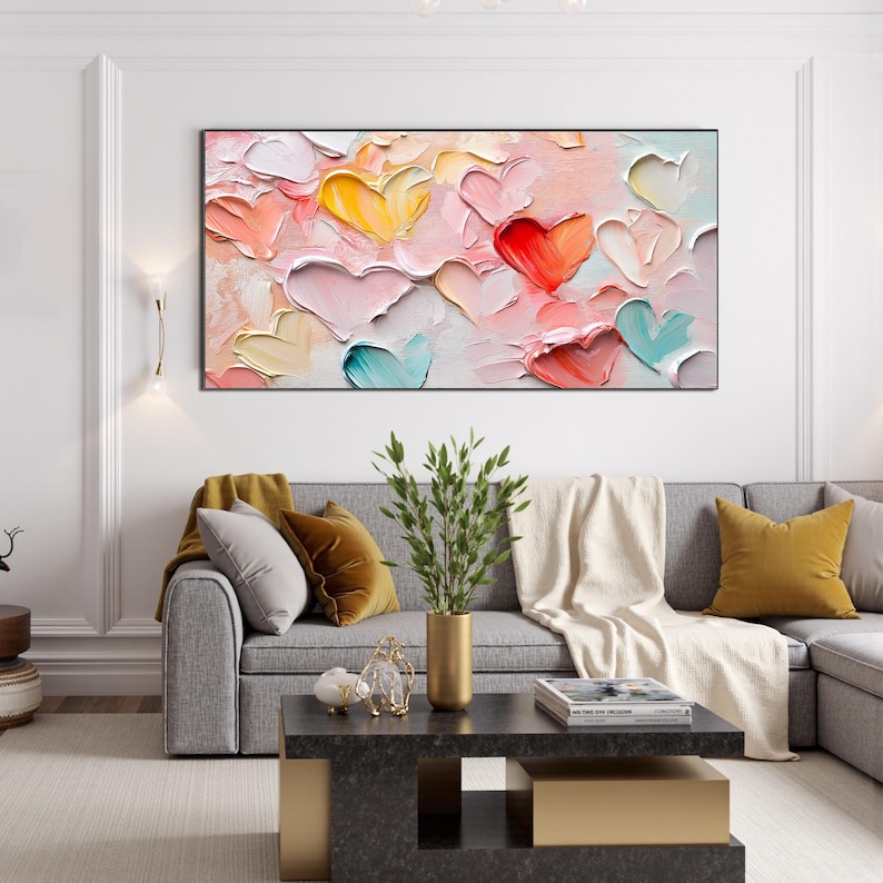 Original Pink Love Oil Painting On Canvas, Large Sweet Palette Knife Texture Painting Hand-Painted Acrylic Canvas Gift for Her Bedroom Decor