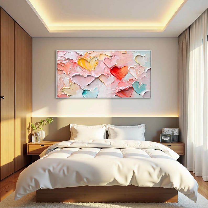 Original Pink Love Oil Painting On Canvas, Large Sweet Palette Knife Texture Painting Hand-Painted Acrylic Canvas Gift for Her Bedroom Decor