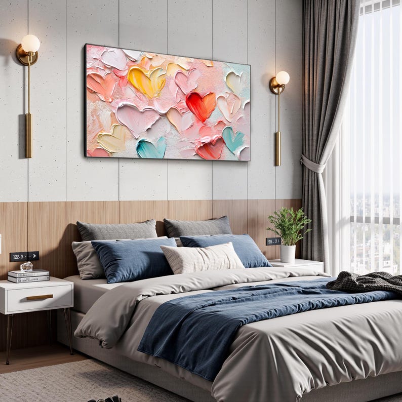Original Pink Love Oil Painting On Canvas, Large Sweet Palette Knife Texture Painting Hand-Painted Acrylic Canvas Gift for Her Bedroom Decor