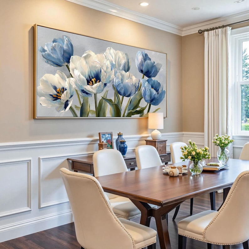 Blue Tulip Painting, Large Floral Canvas Art, Modern Botanical Decor - Etsy