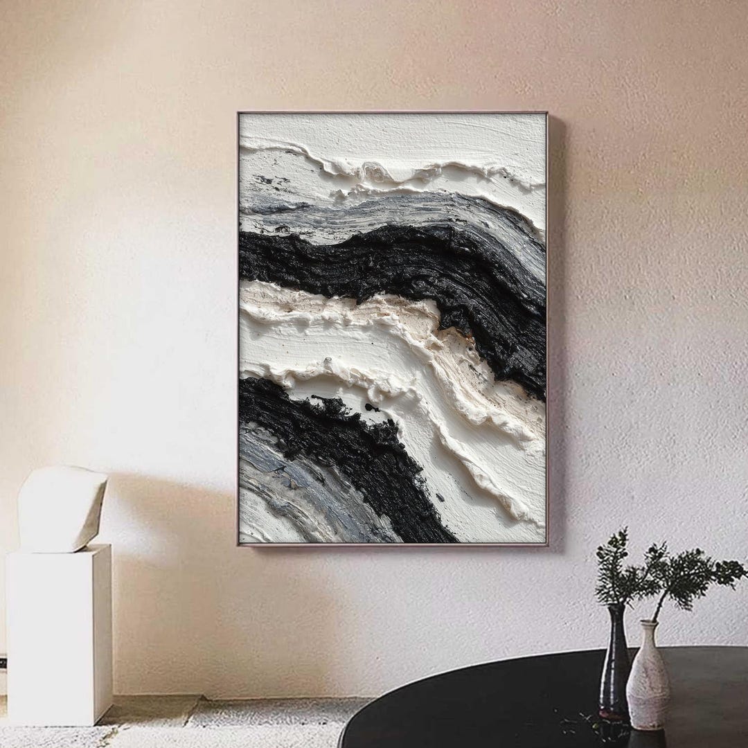 Large Black and White Abstract Oil Painting, Textured Minimalist Wall ...