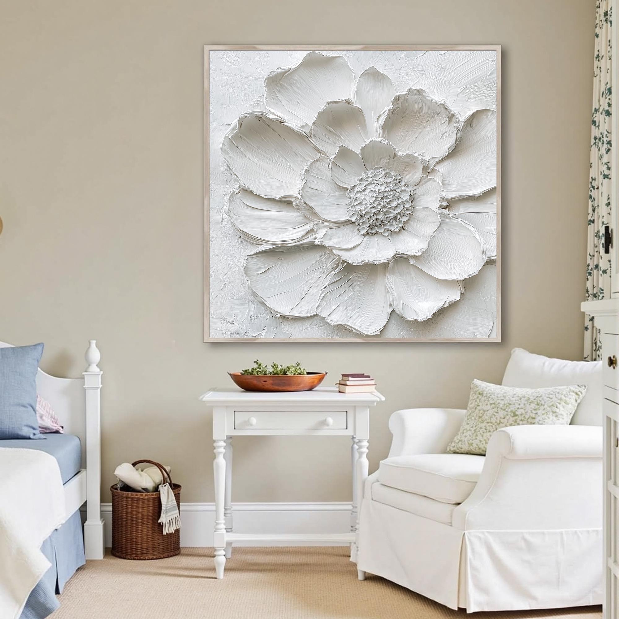 Large Original 3D Flower Oil Painting on Canvas, Minimalist Art, White ...