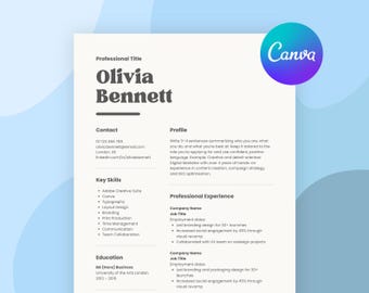 Minimal Modern Professional Resume | CV Template, Cover Letter + Writing Guide for Canva | Instant Digital Download | Resume Template Canva