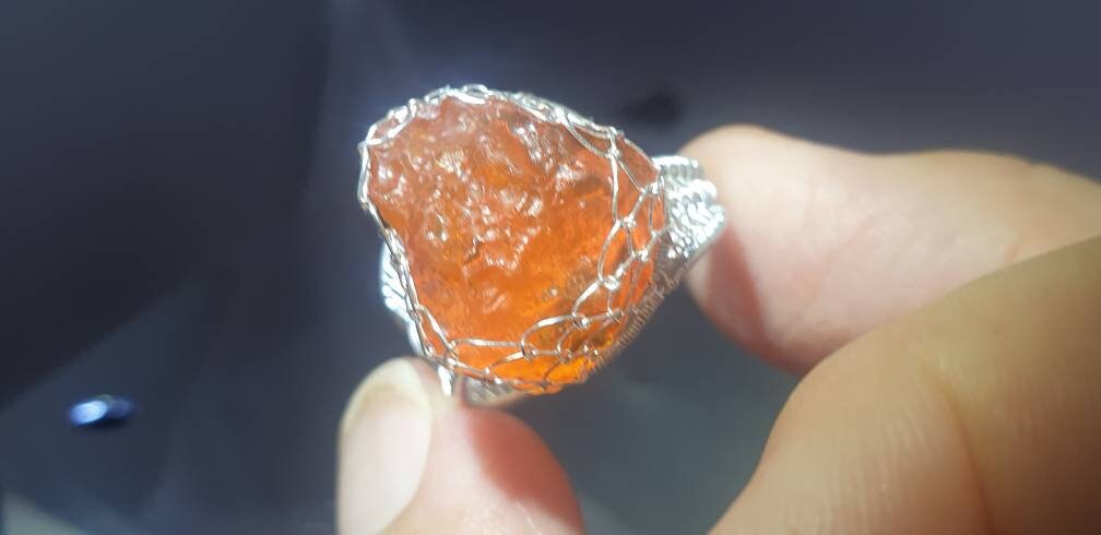 Anello Rettangolare In Argento Con Opale Di Fuoco E Granato Arancione - Misura 8 - Fatto A Mano