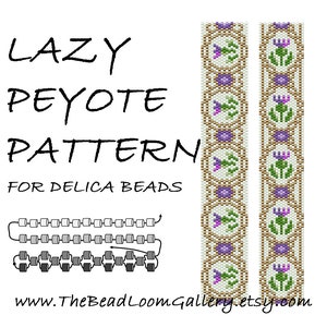 Puede incluir: Un fondo blanco con el texto "LAZY PEYOTE PATTERN FOR DELICA BEADS" y un diagrama de abalorios. Se muestran dos tiras verticales de abalorios con diseños de cardos en morado, verde y marrón. También se ve la dirección del sitio web www.TheBeadLoomGallery.etsy.com.