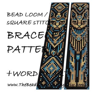 May include: Two beaded bracelet patterns with geometric designs in black, gold, and turquoise. The text on the left reads "BEAD LOOM / SQUARE STITCH BRACELET PATTERN + WORD". The website address is visible at the bottom.