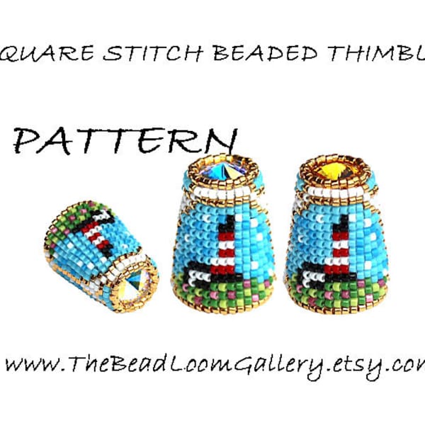 Beaded Thimble with Swarovski Rivoli Top - Delica Beads PDF PATTERN - Square Stitch - Vol.50 - The Lighthouse Thimble