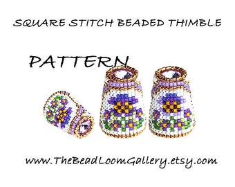Beaded Thimble with Swarovski Rivoli Top - Delica Beads PDF PATTERN - Square Stitch - Vol.44 - The Pansy Garden Thimble