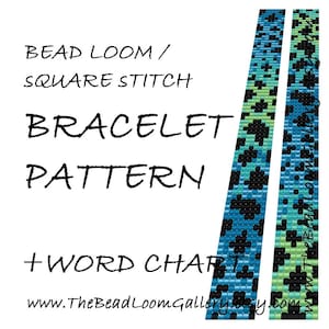 May include: A bracelet pattern with the text "BEAD LOOM / SQUARE STITCH BRACELET PATTERN + WORD CHART". The pattern features two beaded strips in shades of blue, green, and black, with a leopard-like design. The website address www.TheBeadLoomGallery.etsy.com is also visible.