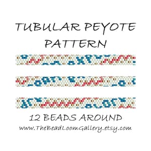 Può includere: Sfondo bianco con tre motivi tubolari peyote in blu, rosso e oro. Il testo recita "TUBULAR PEYOTE PATTERN" e "12 BEADS AROUND". È incluso anche l'URL del negozio Etsy.