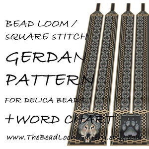 May include: A bead loom pattern for a Gerdan necklace, featuring a wolf design. The pattern includes a word chart and is for use with Delica beads. The website address www.TheBeadLoomGallery.etsy.com is included.