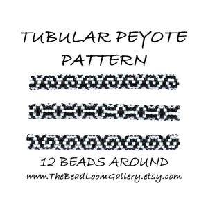May include: Three black and white tubular peyote bead patterns are displayed against a white backdrop. The text reads "TUBULAR PEYOTE PATTERN" and "12 BEADS AROUND". The website address www.TheBeadLoomGallery.etsy.com is also included.