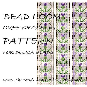 Puede incluir: Patrón de brazalete de puño de telar de cuentas para cuentas Delica. El patrón presenta tres diseños diferentes con cuentas moradas, verdes y doradas.