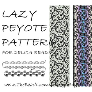 May include: A black and white beading pattern with a floral design. The pattern is labeled "Lazy Peyote Pattern for Delica Beads".