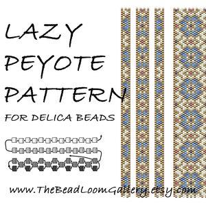 Könnte beinhalten: Ein digitales Muster für ein Perlenprojekt im Lazy Peyote-Stich. Das Muster zeigt ein sich wiederholendes Design mit blauen, weißen und braunen Perlen. Der Text "LAZY PEYOTE PATTERN FOR DELICA BEADS" ist im Bild enthalten. Der Text "www.TheBeadLoomGallery.etsy.com" ist ebenfalls im Bild enthalten.