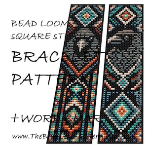 Puede incluir: Dos patrones de pulseras de cuentas negras con diseños geométricos en turquesa, naranja y blanco. El texto dice "BEAD LOOM SQUARE ST BRACE PATTERN + WORD CHART" y "www.TheBeadLoomery.com".