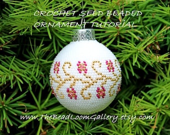 Beaded Christmas Ornament or Ball with Swarovski Crystals Crochet PDF  File TUTORIAL Floral Scroll