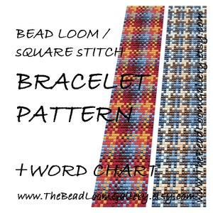 May include: Bead loom bracelet pattern with a word chart. The pattern features two different color combinations: red, blue, yellow, and orange, and brown, blue, white, and beige.