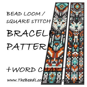 May include: A beaded bracelet pattern with a wolf design. The pattern uses black, white, orange, and turquoise beads. The text on the image reads "BEAD LOOM / SQUARE STITCH BRACELET PATTERN + WORD CHART". The website address is also included.