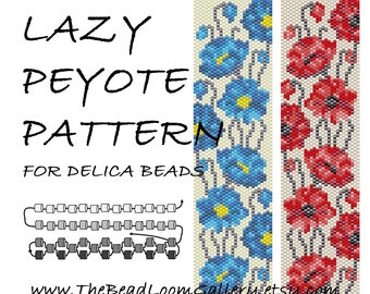 Lazy Peyote Pattern / 2-Thread Peyote / Odd Peyote Pattern - Blue Poppies - Red Poppies - PDF