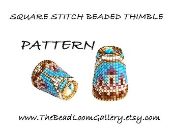 Beaded Thimble with Swarovski Rivoli Top - Delica Beads PDF PATTERN - Square Stitch - Vol.49 - The Sand Castle Thimble