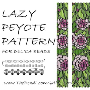May include: A beading pattern for a bracelet featuring a floral design with pink roses and green leaves. The pattern is called "Lazy Peyote Pattern for Delica Beads" and includes instructions for how to create the design.