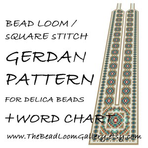 May include: A bead loom pattern for a "Gerdan" necklace, using square stitch and Delica beads. The pattern includes a word chart and the website address "www.TheBeadLoomGallery.etsy.com".