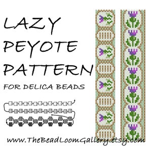 May include: A beading pattern for a bracelet with a floral design. The pattern is called "Lazy Peyote" and is for use with Delica beads. The pattern includes a diagram showing how to stitch the beads.