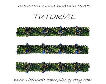 Beaded Rope Pattern - PDF File Tutorial - Crochet Seed Beaded Rope with Swarovski Crystals - Peacock Feather